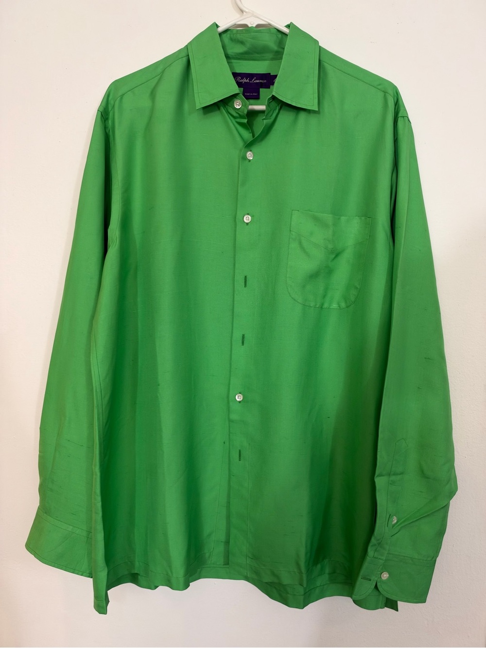Ralph Lauren Bright Green Long-Sleeve Dress Shirt - Purple Label - 100% silk